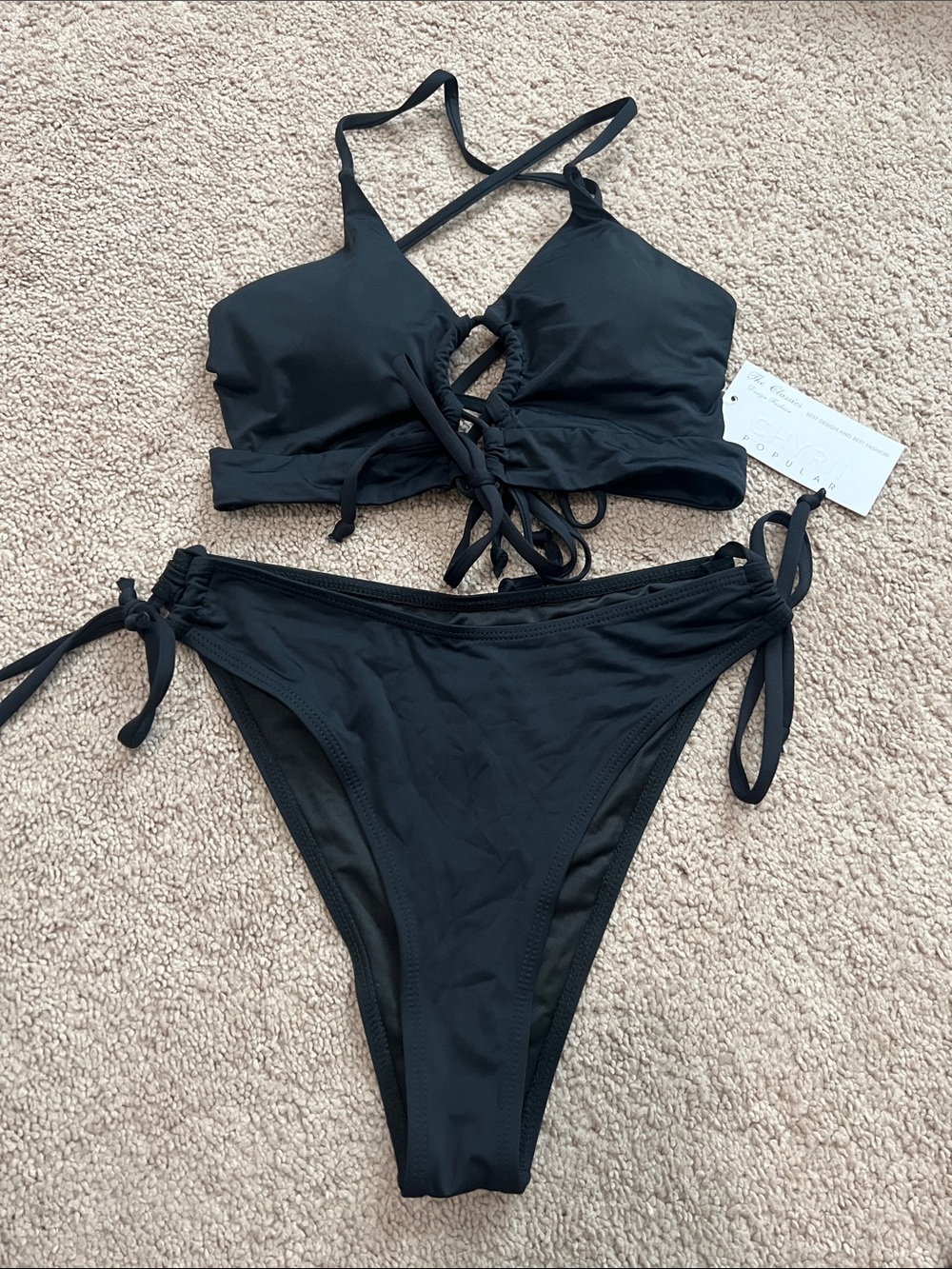 Black Lace-Up Tie Bikini Set